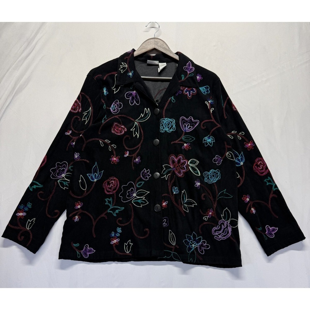 Koret Suede Jacket Womens L Black Multi Embroidered Floral Stretch Button Front